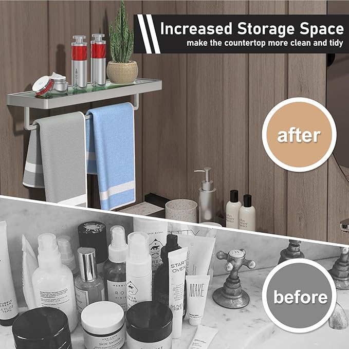 Glass Shelves/Shelf Wall Mount 20-in with Towel Bar/Rack Floating Shelves for Bathroom Tempered Glass Rectangular 1 Tier Organizer Wall Shelf (Brushed Nickel, 20'')