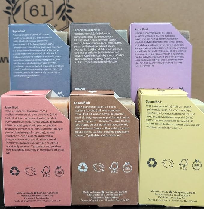 Handmade in Canada, Plant Based Cold Process Natural Bar Soap, With Premium Essential Oils, Dry Skin, Pack of 6 (Citrus)