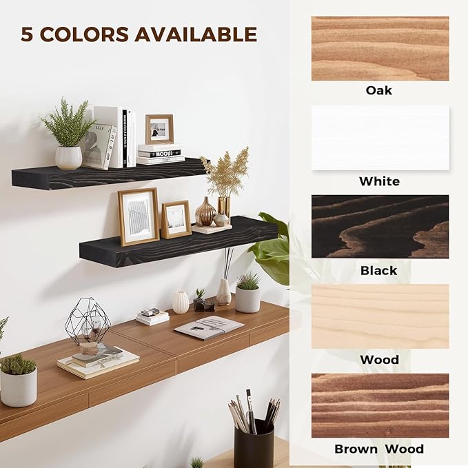 24x8x1.6 inch Floating Shelves Set of 2 – Solid Wood Rustic Black Wall Mounted Shelf for Kitchen, Bathroom, Living Room