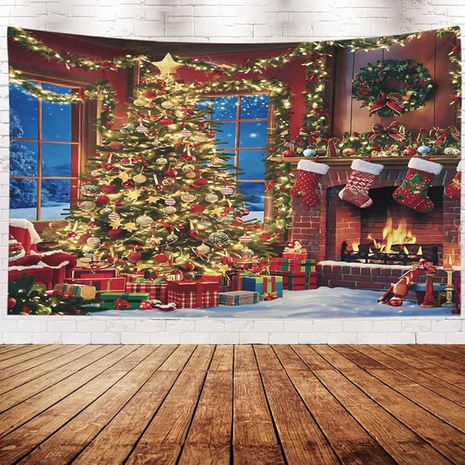 EMMTEEY Christmas Tree and Fireplace Warm Indoor Window Tapestry 60X50 Winter Backdrop for Wall Dorm Decor
