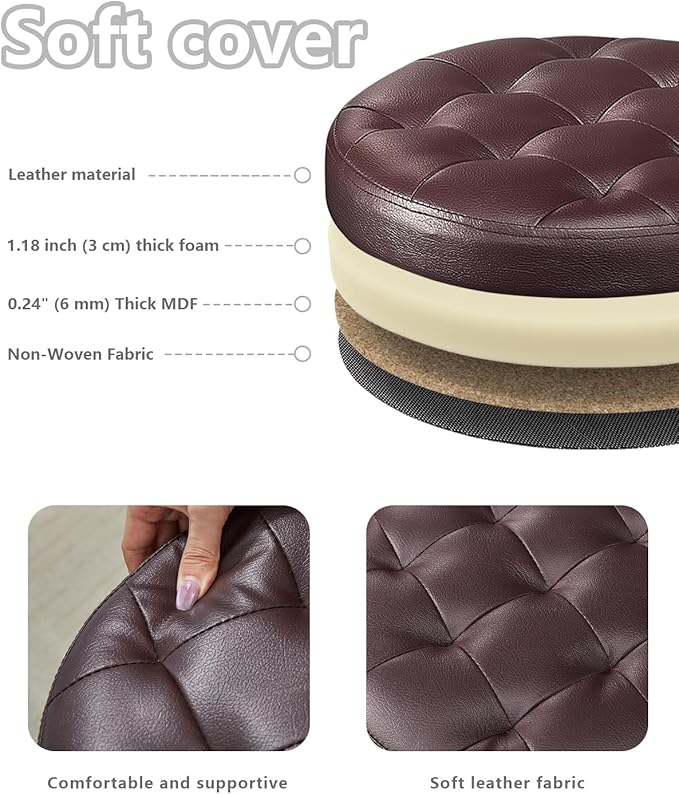 Bsketa® Ottoman with Storage, Foot Rest Stool with Thicker Foam Padded Seat Leather Small Round 14“ x 14” x 13 "Inchs Storage Ottoman Bench for Living Room Foldable Pouf Coffee Table 2 Pack,Brown