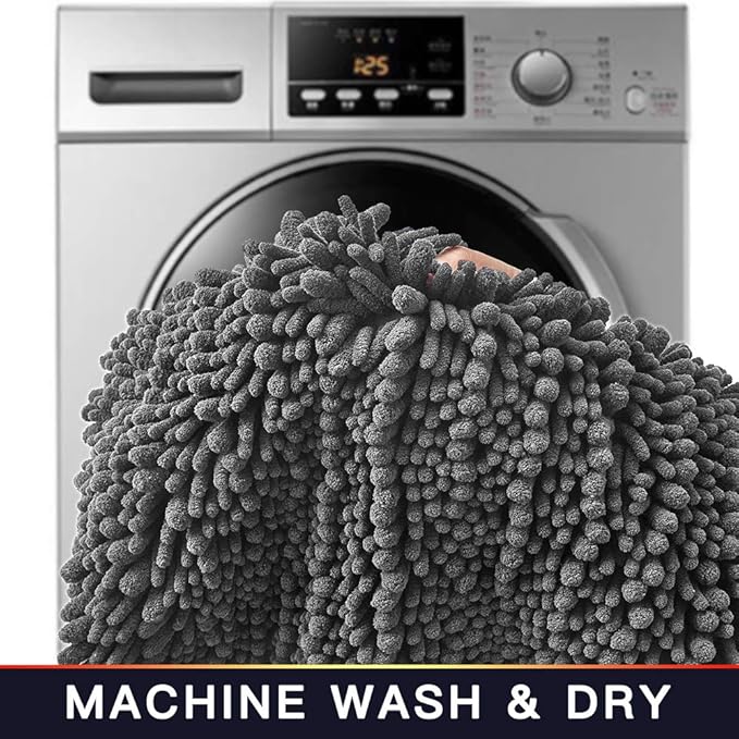 Walensee Bathroom Rug 2 Pieces Set Non Slip Bath Mat (20"x32" Plus 20"x32" Grey/Gray) Water Absorbent Super Soft Shaggy Chenille Machine Washable Dry Extra Thick Perfect Carpet for Shower Floor