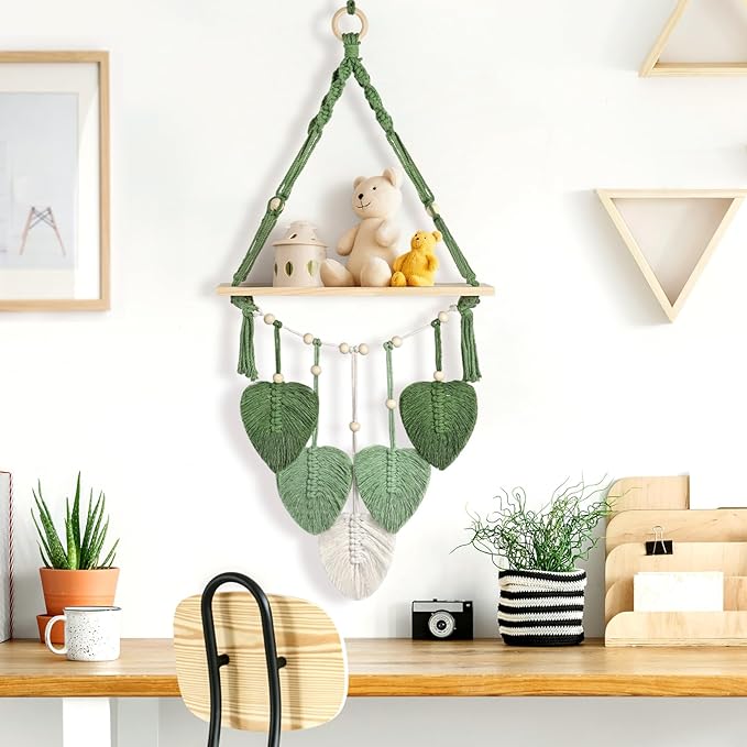 Macrame Wall Hanging Shelf Wood Floating Storage Shelf Boho Woven Leaf Wall Decor Plant Hanger for Photo Display Bedroom Living Room Nursery Decor