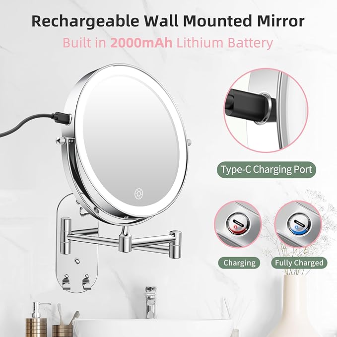 FUNTOUCH Wall Mounted Lighted Makeup Mirror, Rechargeable 8" Double-Sided LED Make up Mirror 1X/10X Magnification, 3 Color Lights Dimmable 360Β° Rotation Wall Mount Mirror with Extension Arm and Hooks
