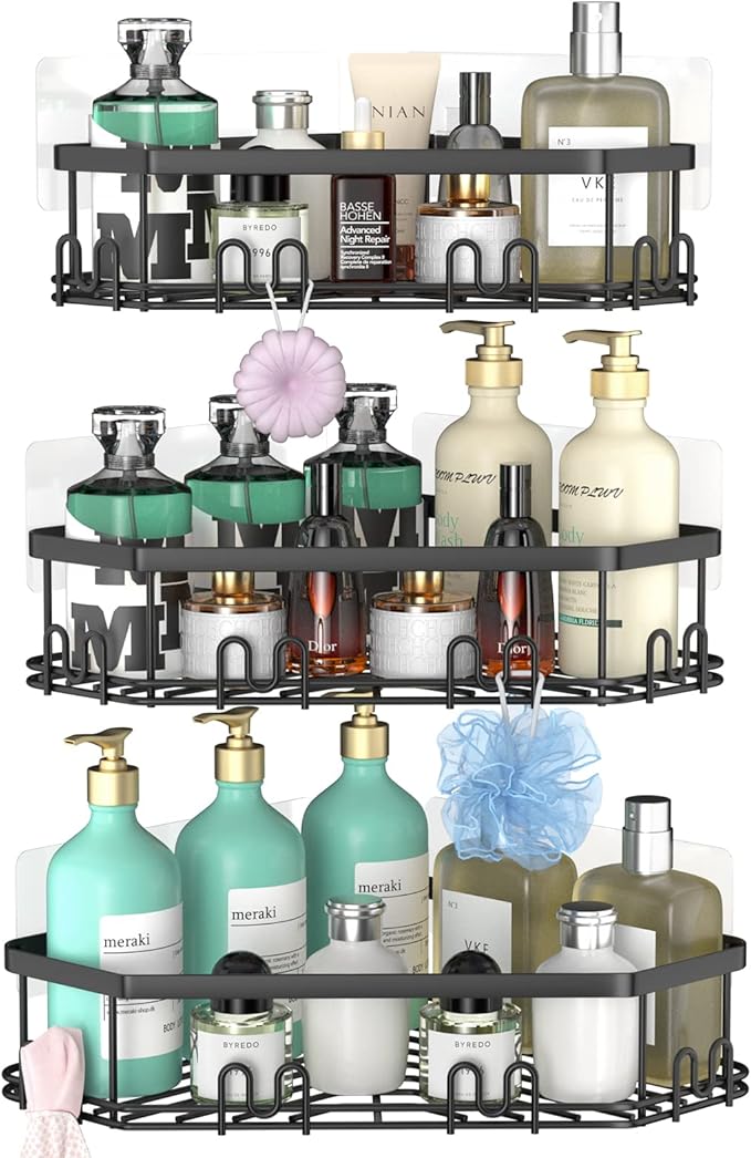 STEUGO Corner Shower Caddy, 3 Pack Adhesive Shower Corner Organizer Shelves, No Drilling Stainless Steel Shower Storage Rack with 12 Hooks for Bathroom, Dorm and Kitchen (Matte Black).