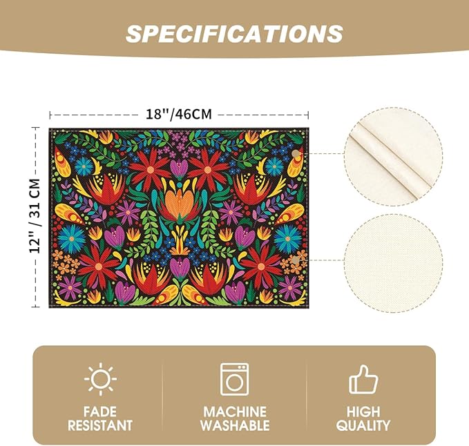 Artoid Mode Mexican Cinco De Mayo Placemats Set of 6, 12 x 18 Inch Dia De Los Muertos Decoration Washable Table Mats for Party Dining Table