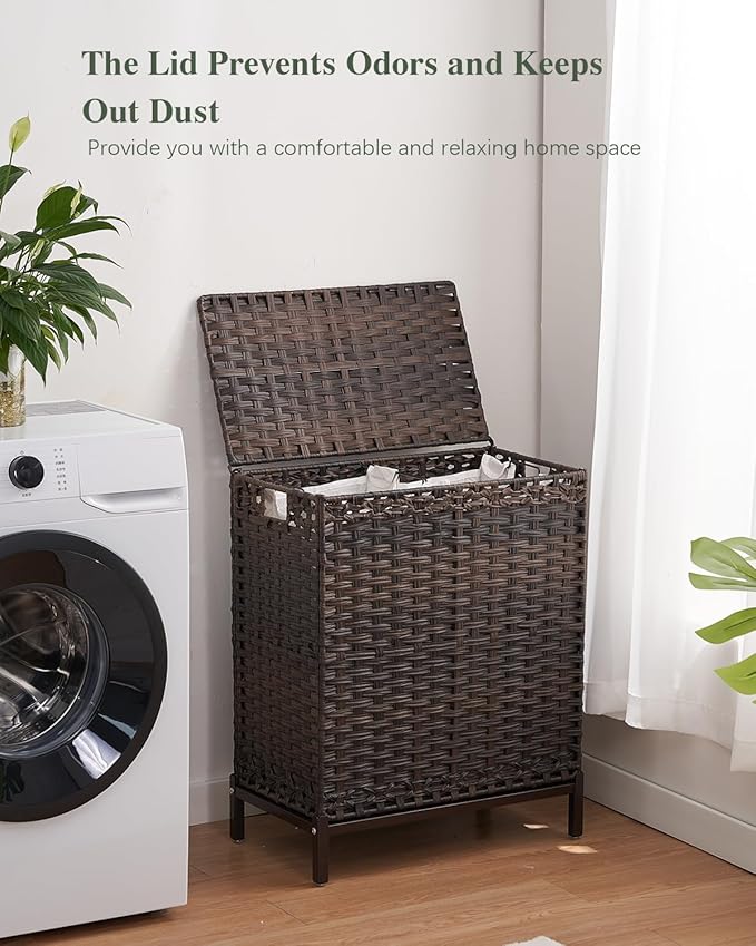 Laundry Hamper with Lid, 112 L Handwoven Rattan Wicker Laundry Basket, 2 Removable Liner Bags Metal Heightened Feet, 6 Mesh Bags, 2 Section Large Clothes Hamper for Bathroom Bedroom, Brown