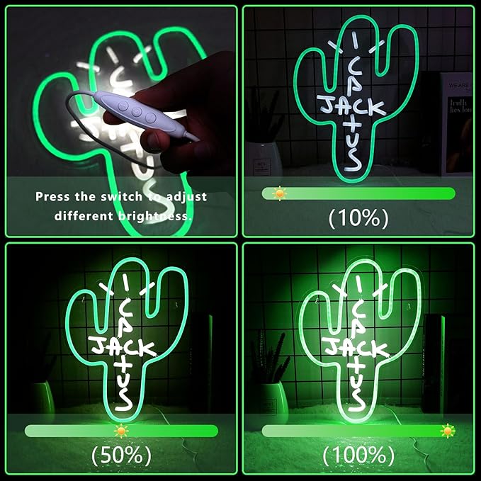 Cactus Jack LED Neon Sign - Decor Dimmable Green Jack Cactus Neon Light Up Wall Art for Bedroom Festival Decoration 15.7" X 11.8" Dimmer Home Lights for Man Cave Club Pub Beer Bar Birthday Gift
