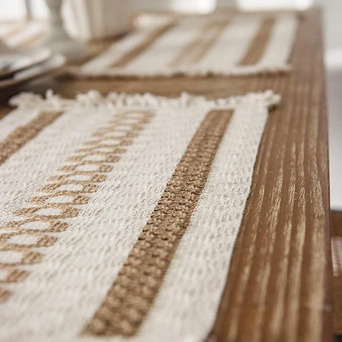 Boho Placemats Set of 4, Burlap Woven Placemat 12x19 Inches, Splicing Woven Rectangular Table Mats, Farmhouse Style Kitchen Table Decor for Rustic Wedding Bridal Shower