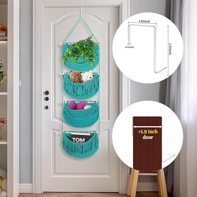 4 Tier Hanging Fruit Basket for Kitchen, 4 Pack Detachable Cotton Crocheted Wall Hanging Baskets Shelf Over Door Organizer for Fruit Veggie Plant, Hanging Storage Basket for Bathroom Bedroom(Aqua)