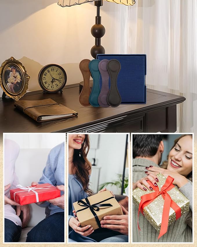 4Pcs Magnetic Bookmarks with Gift Box, Leather Magnetic Bookmarks for Women, Double-Sided Magnetic Book Mark Clip Accessories Gift for Book Lover Father's Day Gift (Black + Blue + Coffee + Purple)