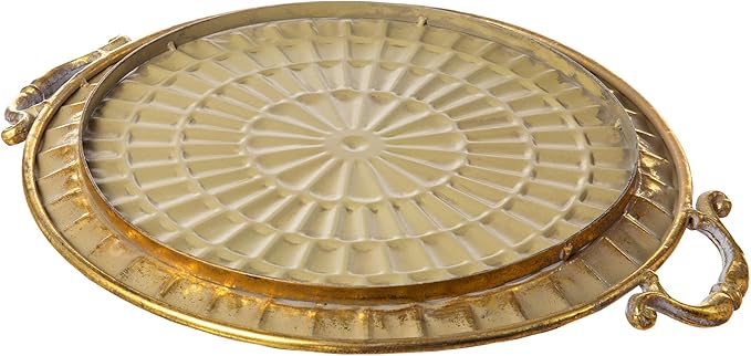 Glitzhome Set of 2 Vintage Decorative Trays with Handles, Metal Large Round Gold Embossed Jewelry Decorative Trays, Bathroom Dresser Vanity Trays