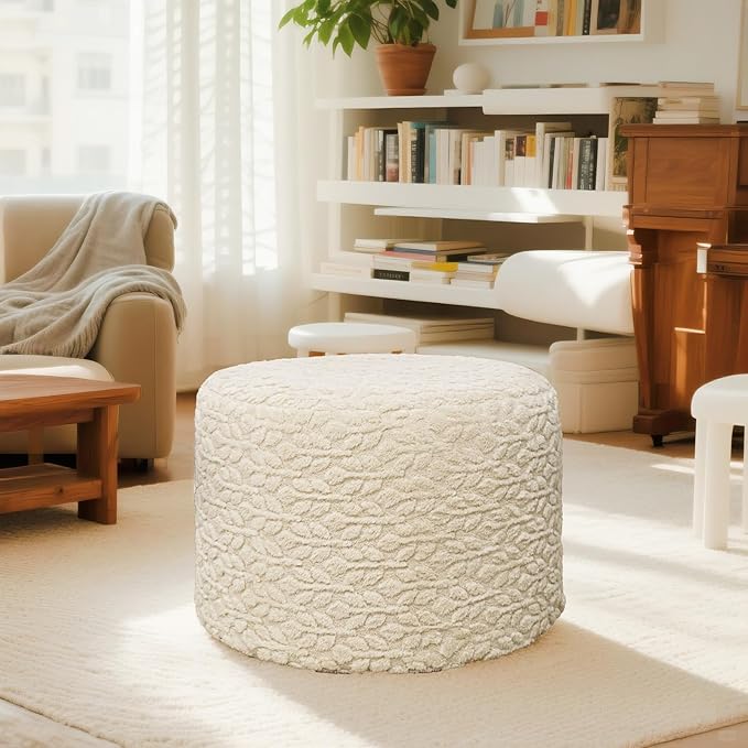 Round Pouf Ottoman Stuffed 20 x 20 x 14 Inches Boho Poof Foot Stool Home Decor Floor Pouffe Ottoman Foot Rest for Couch Sofa Bean Bag Chairs Living Room Bedroom (Linen)