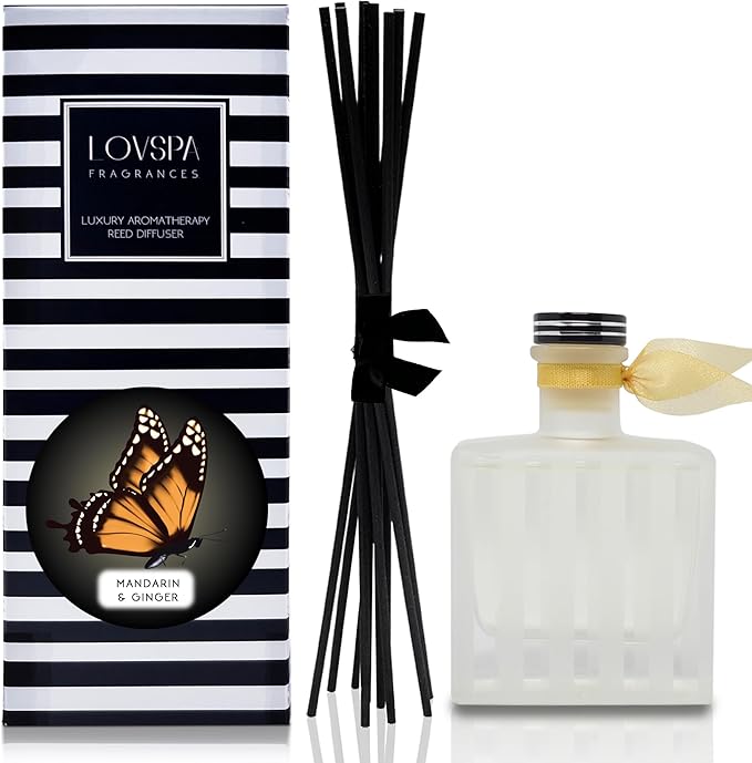 LOVSPA Mandarin & Ginger Reed Diffuser Set - Ginger Root, Mandarin Orange, Jasmine and Musk - Scent Diffuser for Large Rooms - Made in The USA