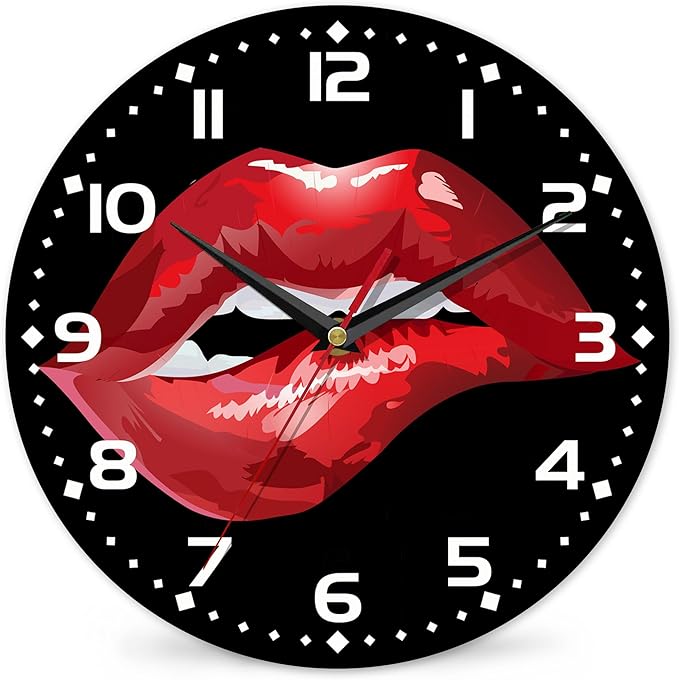 Red Lip Wall Clock - Vintage Wooden, Silent Non-Ticking, Battery Operated, Arabic Numerals, Decorative for Kitchen, Office, Classroom - 10 Inch