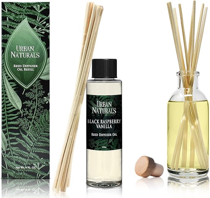 Urban Naturals Black Raspberry Vanilla Reed Diffuser Refill, 4 oz, Bundle with Black Raspberry Vanilla Reed Diffuser Set - Made with Essential Oils in The USA
