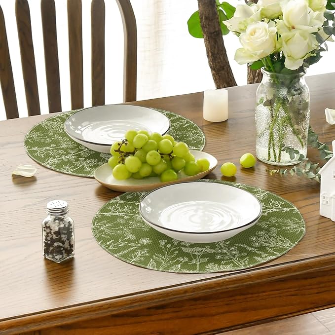 Artoid Mode Antique Herbs and Wild Flowers Spring Round Placemats Set of 4, 14 Inch Summer Round Table Mats for Dining Decoration