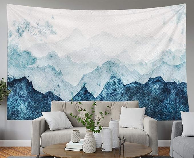 EMMTEEY Tapestry Wall Hanging, Tapestries Décor Living Room Bedroom for Home Inhouse by Printed 92.5X70.9 Inches for Blue Mountains Fading in Distance Perspective Watercolor Painting Paper