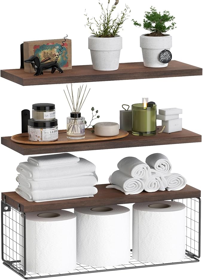 WOPITUES Bathroom Shelf Over Toilet, Floating Bathroom Shelf Wall Mounted with Wire Basket, Floating Shelf for Wall Décor-Rustic Brown