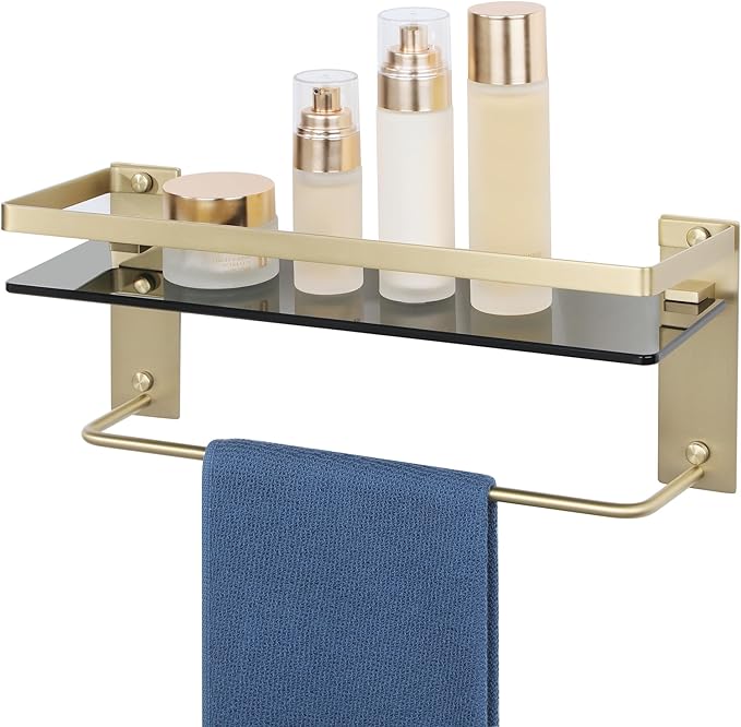 Alise Bathroom Shelves Glass Shelf with Bar,Wall Mount Floating Shelves for Bathroom,1 Tier Tempered Glass Holder Storage Organizer,SUS304 Stainless Steel Gold and Black GDL2001-GB