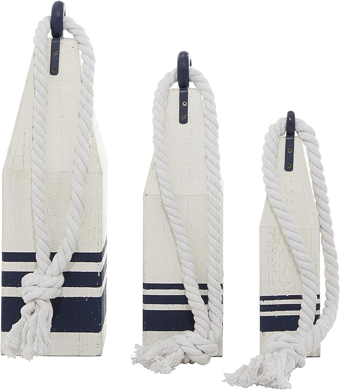 Deco 79 Wood Buoy Handmade Decorative Sculpture Home Decor Statues with Rope Accents, Set of 3 Accent Figurines 17", 15", 12"H, White