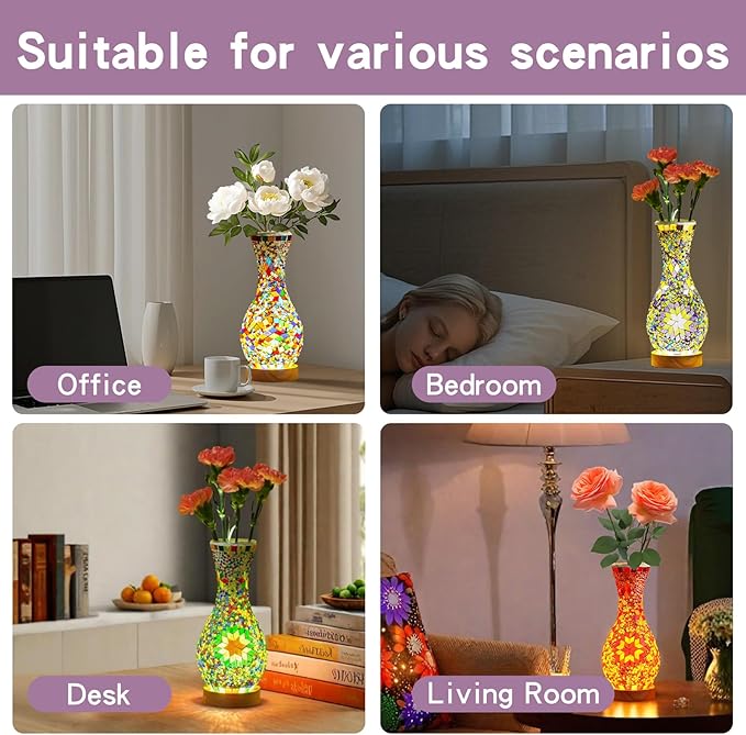 Turkish Moroccan Style Mosaic Table Lamp with USB Power - Colorful Glass Vase Light for Living Room or Bedroom Decor
