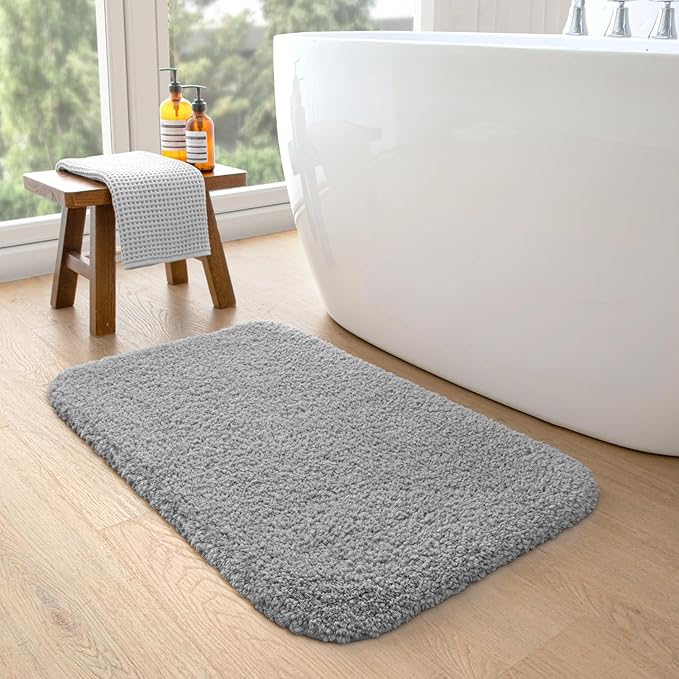 DEXI Bathroom Rug Mat 24x16, Extra Soft and Absorbent Bath Rugs, Washable Non-Slip Thick Carpet Mat for Shower Floor, Tub, Grey