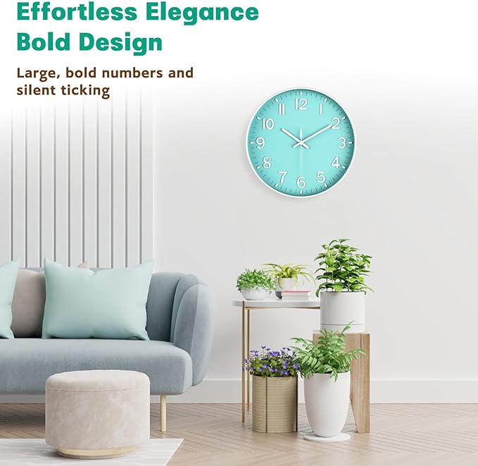 Modern Wall Clock Silent Non-Ticking – Coral Green Analog Wall Clock Battery Operated for Living Room, Kitchen, Bedroom, Office – Stylish Wall Decor for Home, 12 Inch