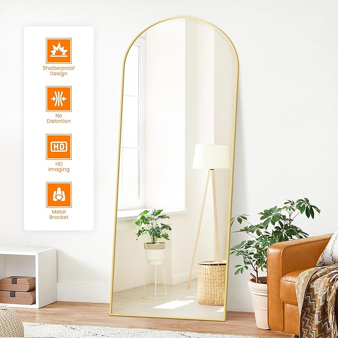 Full Length Mirror, 70"x24" Arched Standing Floor Full Body Mirror for Wall with Aluminum Alloy Frame for Bedroom, Living Room, Dressing Room(Gold)