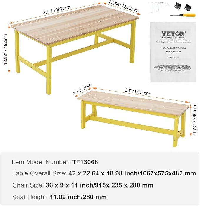 VEVOR Kids Table and Bench Set, Toddler Table and Chair Set of 3, Wood Activity Table for Art, Craft, Reading, Learning