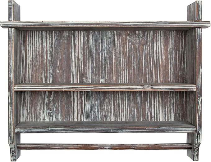 MyGift 3 Tier Wall Mounted Rustic Torched Wood Bathroom Storage Shelves, Wooden Floating Shelf Toilet Paper Holder Rack with 23 Inch Wide Towel Hanging Bar