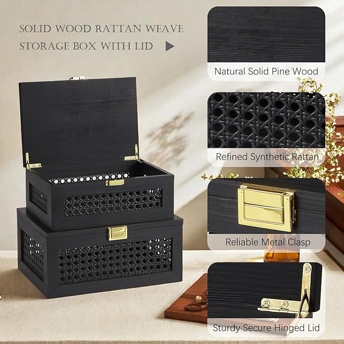 Decorative Rattan Storage Boxes Solid Wood Woven Baskets Bins with Lid Keepsake Memory Jewelry Box Natural Boho Shelf Wicker Closet Desk Organizer Container (Black, Large Size)