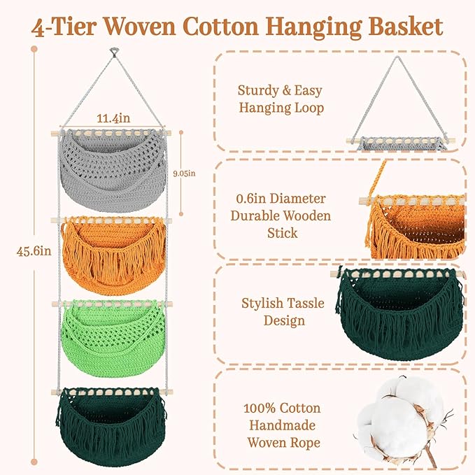 4 Tier Hanging Fruit Basket for Kitchen, 4 Pack Detachable Cotton Crocheted Wall Hanging Basket Over Door Organizer for Fruit Veggie Plant, Hanging Shelves for Bedroom Bathroom (Mixed Color)