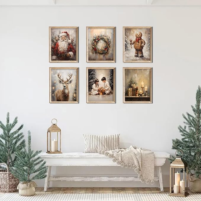 Christmas Wall Art set of 6 Christmas Pictures Wall Decor Winter Vintage Holiday Gallery Print Santa Claus Candles Gingerbread Man Deer, Canvas Santa Oil Painting Christmas Holiday Decor 8"X10"