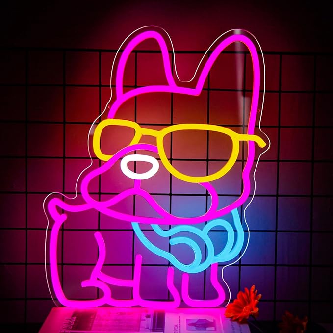 French Bulldog Neon Sign Gifts,Dimmable Frenchie Pet Neon Light For Wall Decor Wearing Glasses Dog Led Sign Gift Bedroom Frenchie Decor Living Room Pet Shop Bar Party