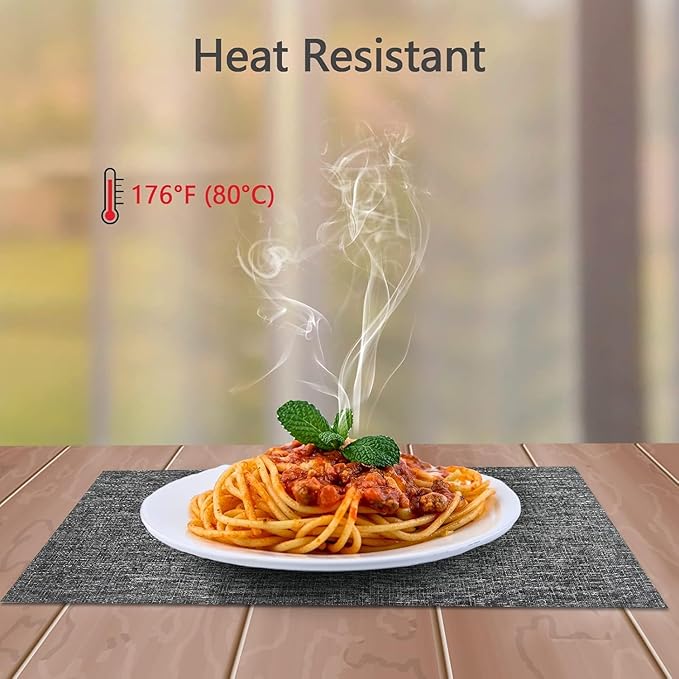 DACHUI Placemats Set of 6, Linen Look Woven Place Mats, Water Resistant, Heat Resistant, Washable, Durable Table Mats (Dark Grey)