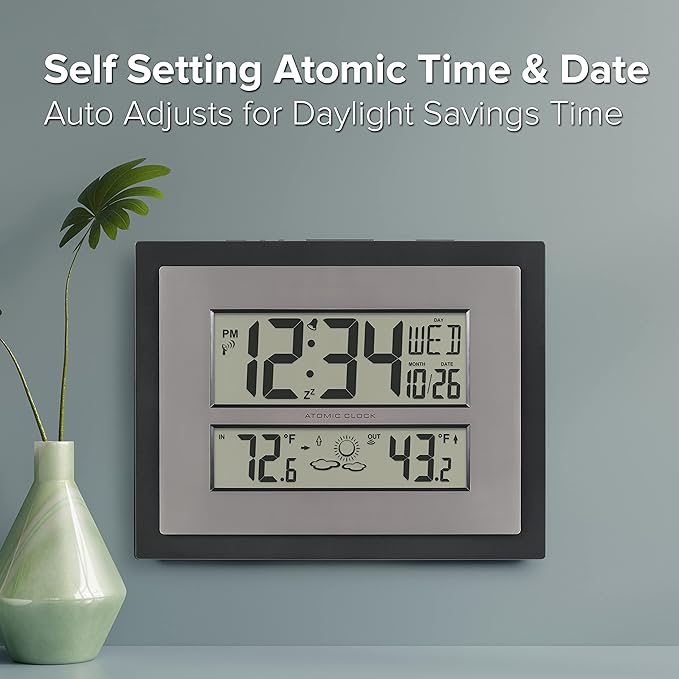La Crosse Technology 512-85937-INT Atomic Digital Wall Clock with Temperature & Forecast in Gray/Silver