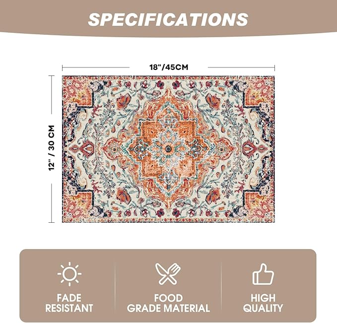 Artoid Mode Boho Vinyl Placemats Set of 4, Washable Non-Slip Woven Plastic PVC Table Mats for Party Kitchen Dining Decor, 12x18 Inch