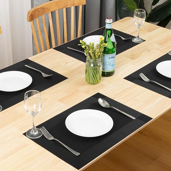 Winknowl Placemats, Set of 8 Heat Resistant Stain Resistant Woven Vinyl Insulation Place mats, Durable Washable Elegant Table Mats for Dining (Black)