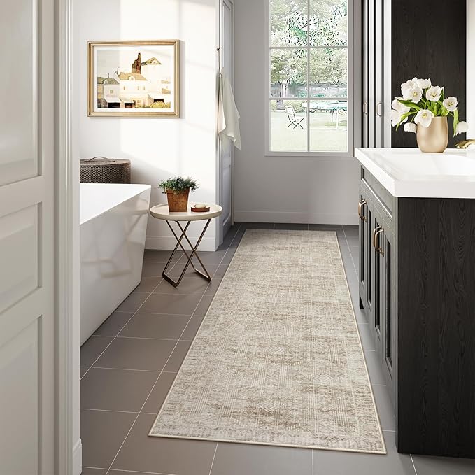 Lahome Morden Beige Kitchen Runner Rugs Non-Skid, Washable Hallway Runner Rug 10 ft, Farmhouse Soft Stain Resistant Carpet Runner for Bathroom Long Hall Office Home