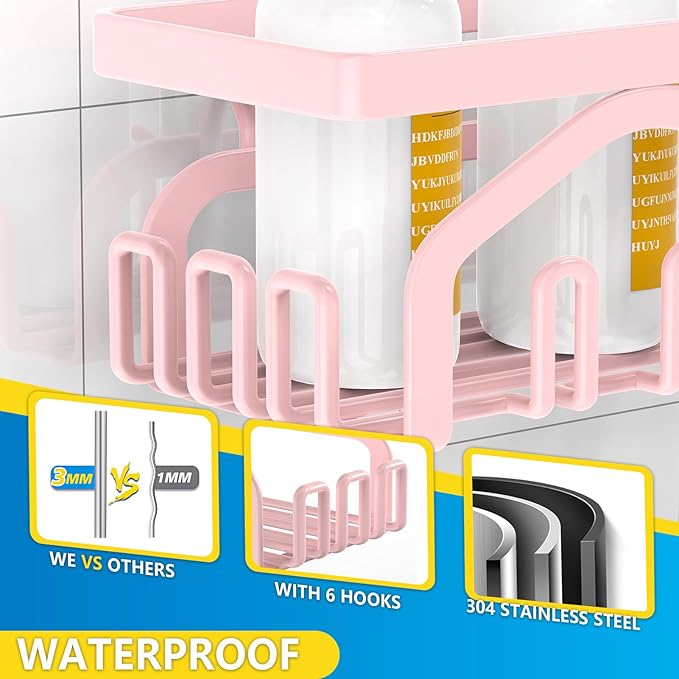Coraje Shower Caddy - 5-Pack Adhesive Shower Organizer, Large Capacity Rustproof Stainless Steel Bathroom Organizer, Pink