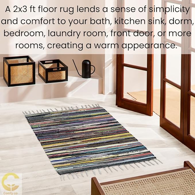 Cotton Chindi Rug with Fringes - Handcrafted Area Rag - Reversible Floor Rug for Bedroom, Living Room, Kitchen, Dorm, Entryway, Hallway - 2x3 ft (24x36 inch) Multi Colored