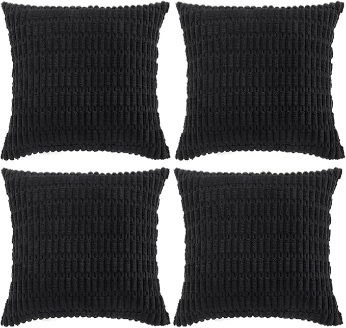 Fancy Homi 4 Packs Boho Black Decorative Throw Pillow Covers 22x22 Inch for Living Room Couch Bed Sofa, Rustic Modern Farmhouse Home Decor, Soft Plush Corduroy Cute Square Cushion Case 55x55 cm