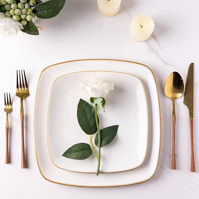 AmorArc Ceramic Dinnerware Sets for 4, 12 Pieces Square Handpainted Plates and Bowls Set, Chip and Scratch Resistant Stoneware Dishes Set, Dishwasher & Microwave Safe, Pearl White