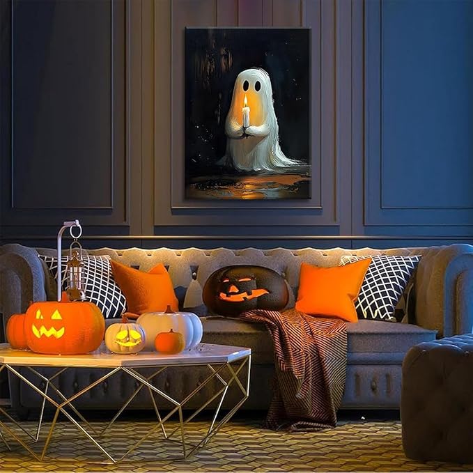 ILLBDR Cute Ghost Canvas Wall Art Halloween Decor Vintage Painting, Spooky Silhouette Ghost Holding Candle Haunted House Art, Bedroom Gothic Decor Ready to Hang, 12x16 Inch Framed