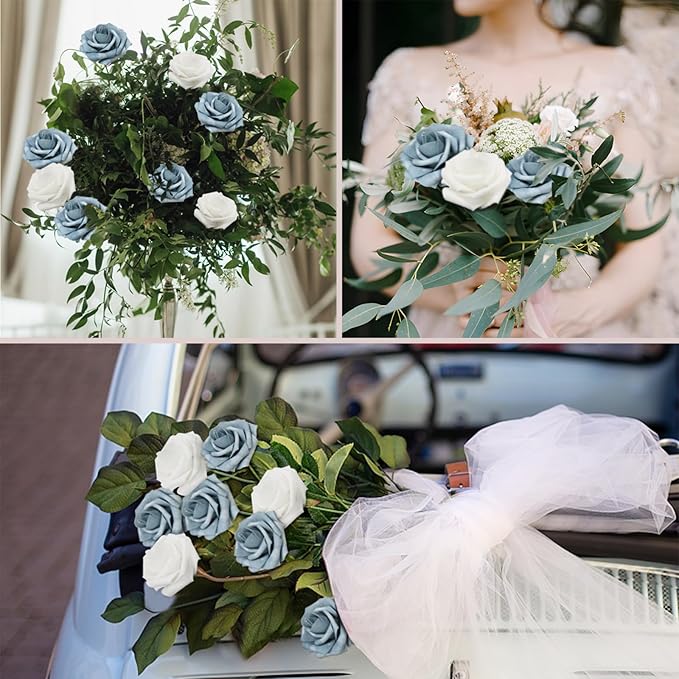 200PCS Artificial Flowers White Roses Real Looking Foam Fake Roses with Leaves and for DIY Wedding Bouquets Bridal Shower Centerpieces Party Decorations (White, 200)