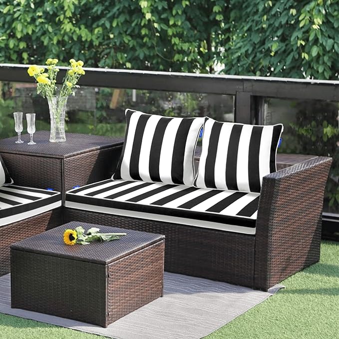 Outdoor Loveseat Cushion Set 48'' x 24'', Outdoor Cushions for Patio Furniture with Fastness Cover, Water Repellent Outdoor Seat Cushion and Couch Back Cushions for Bench, and Swing (Black Stripes)