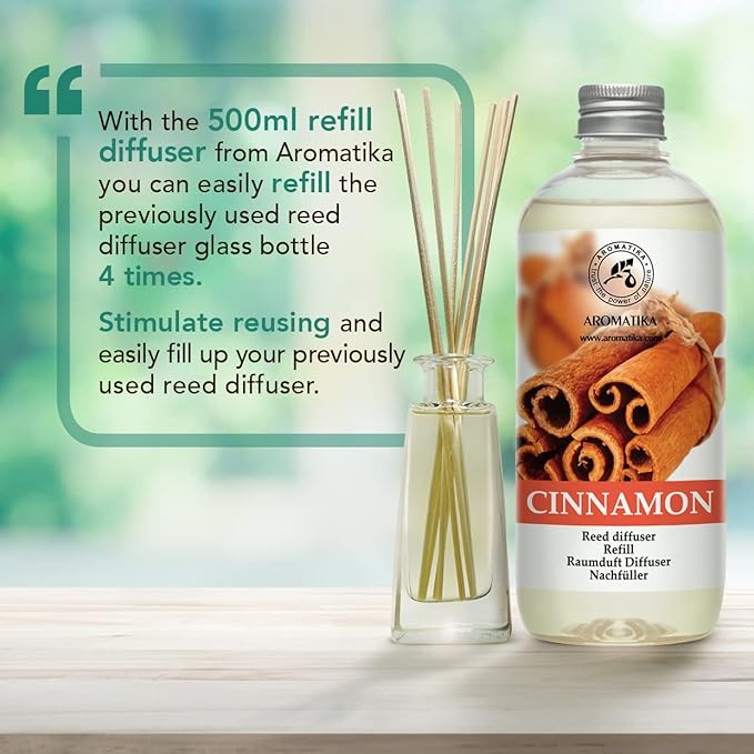 Cinnamon Reed Diffuser Refill with Natural Essential Cinnamon Oil 17 oz - Fresh & Long Lasting Fragrance - Best for Aromatherapy - Home - Office - Fitness Club - Restaurant - Boutique