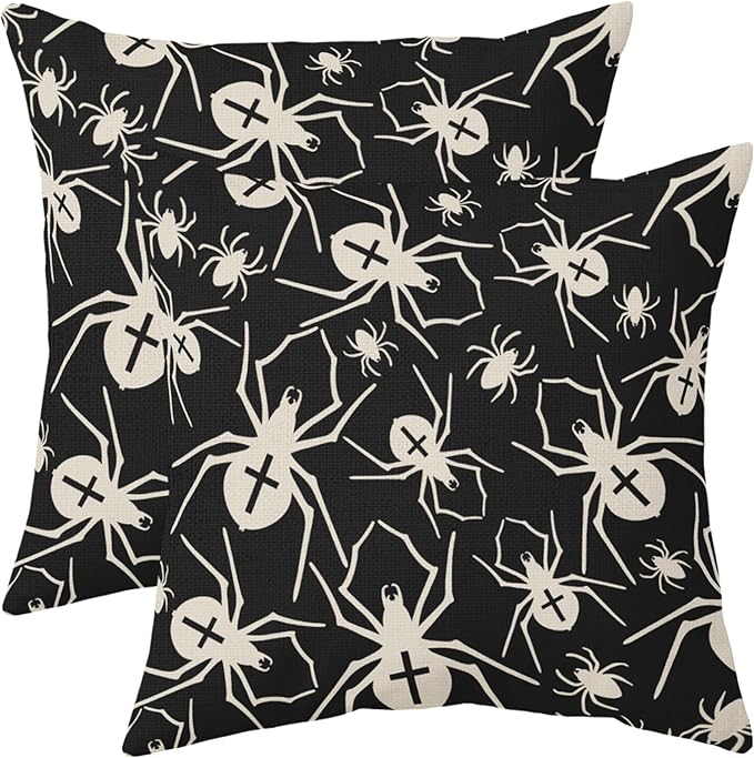 Black Halloween Pillow Covers 16x16 Set of 2 Cream Spider Print Outdoor Decorative Throw Pillows Holiday Scary Themed Farmhouse Pillowcases Linen Cushion Case Decor for Home Sofa Couch Bed