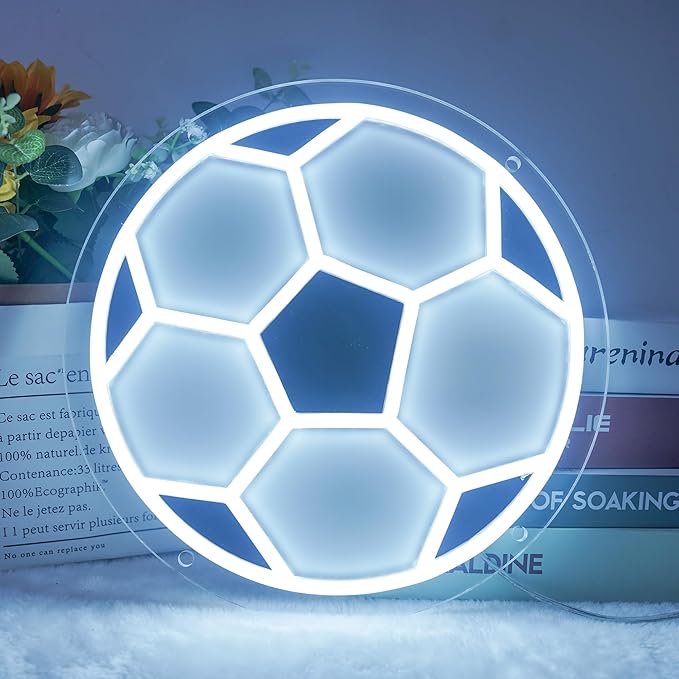 YSMNDE Soccer Neon Sign, Powered by USB Football Neon Sign for Wall Decor, Dimmable Soccer Shape LED Light for Boys Room, Birthday Party, Home Decor, College Gifts, 12'' X 12''